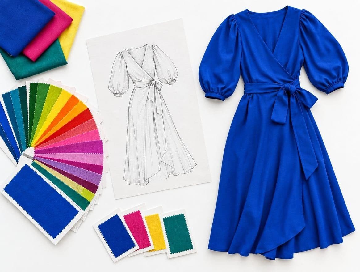 A design sketch, fabric swatches and a finished cobalt wrap dress laid out on a table