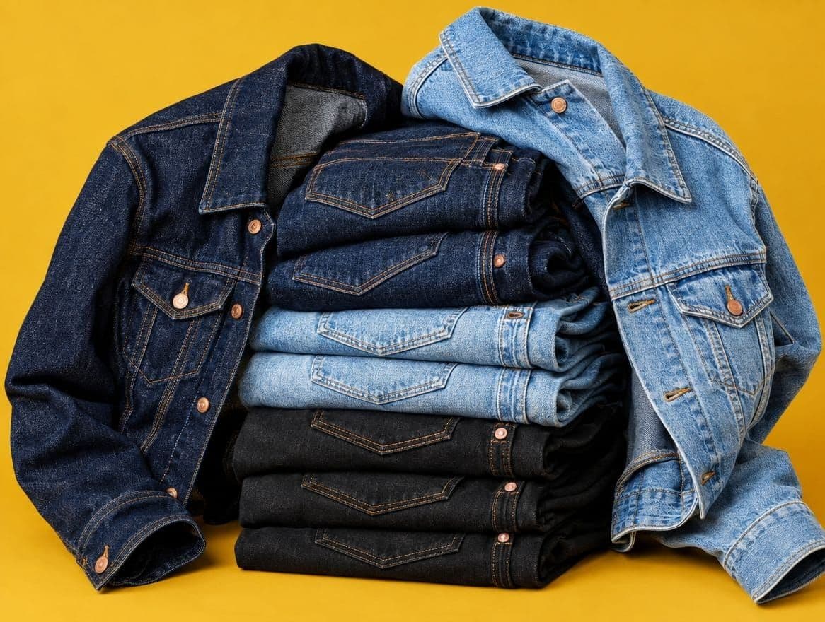Denim jackets and folded jeans in indigo, light wash and black on a mustard backdrop