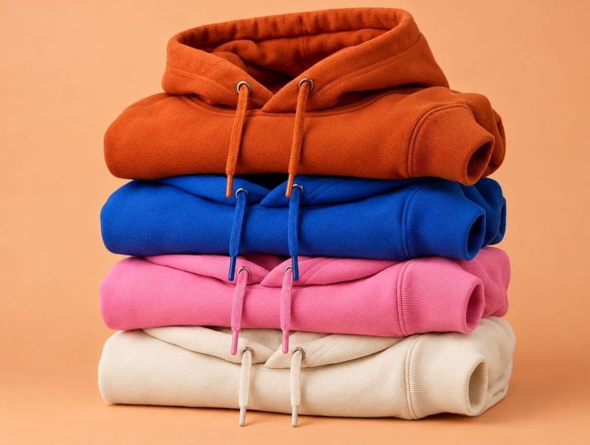 A stack of folded hoodies in burnt orange, royal blue, pink and cream on a peach backdrop