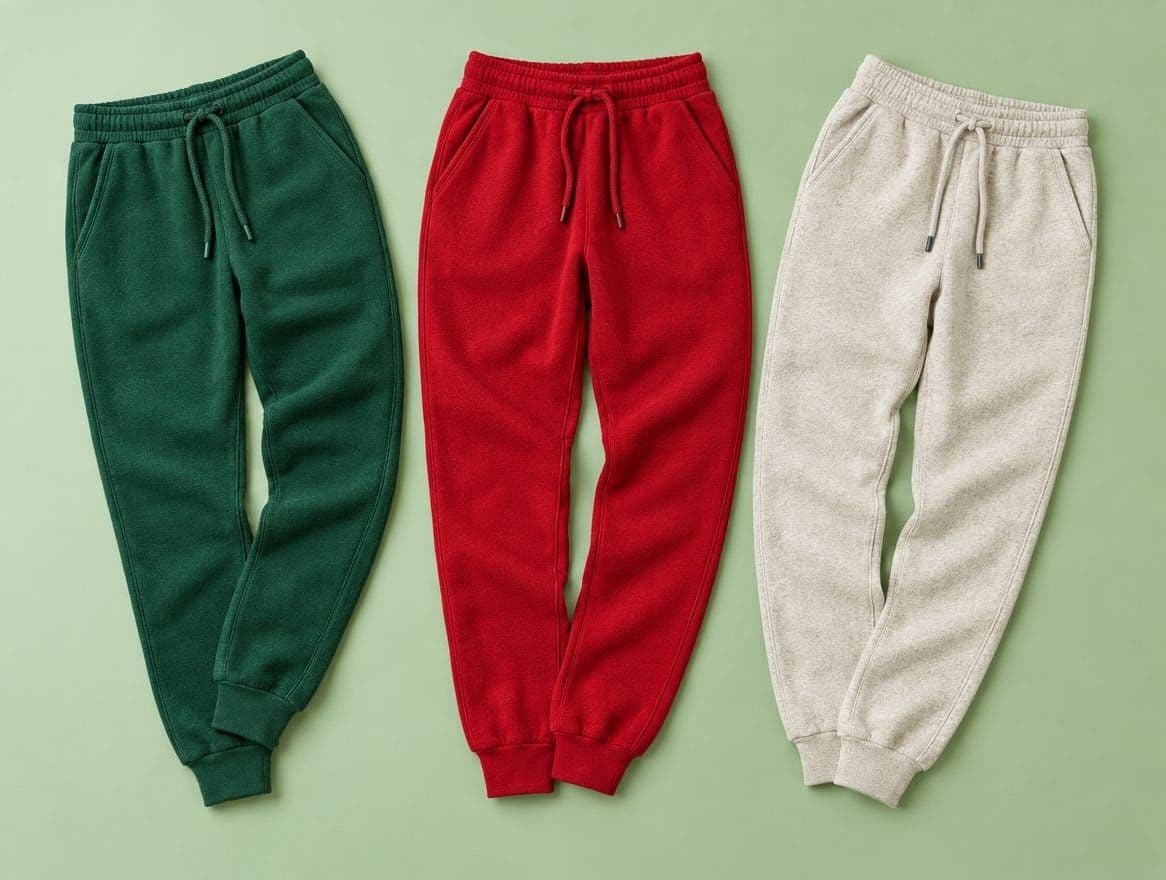 Three pairs of joggers in forest green, cherry red and oatmeal on a sage backdrop