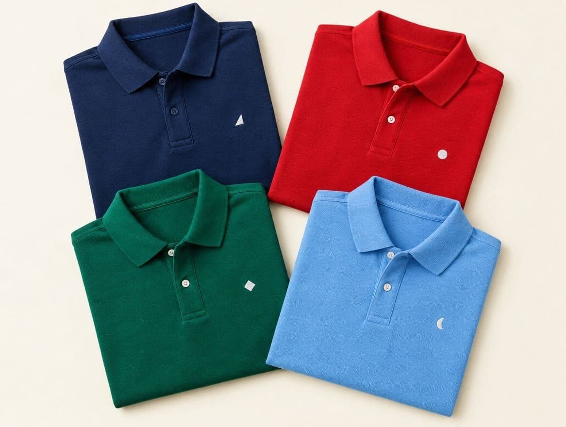 Four folded polo shirts in navy, red, emerald and sky blue on a cream backdrop