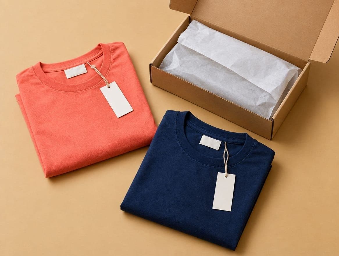 Folded coral and navy tees with blank labels and hang tags beside an open mailer box