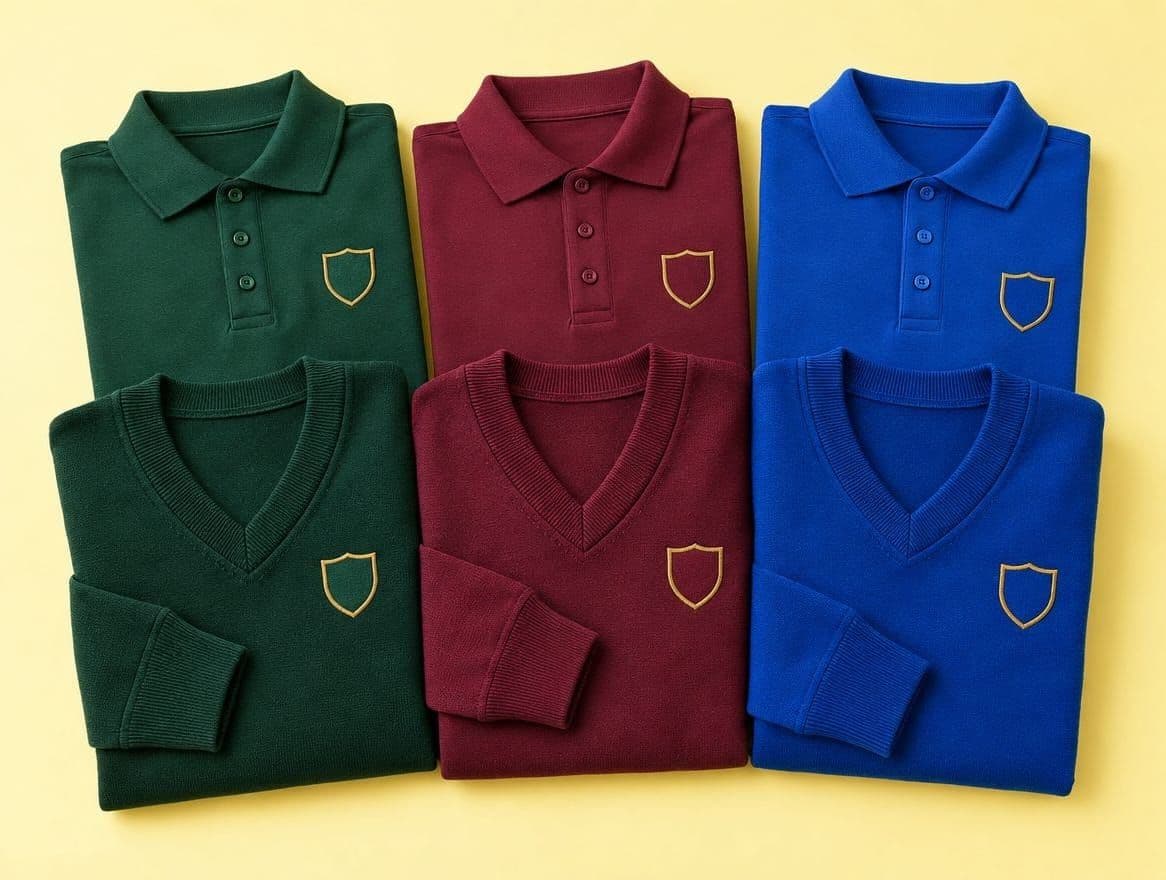 Folded polo shirts and v neck sweatshirts in bottle green, maroon and royal blue on a pale yellow backdrop