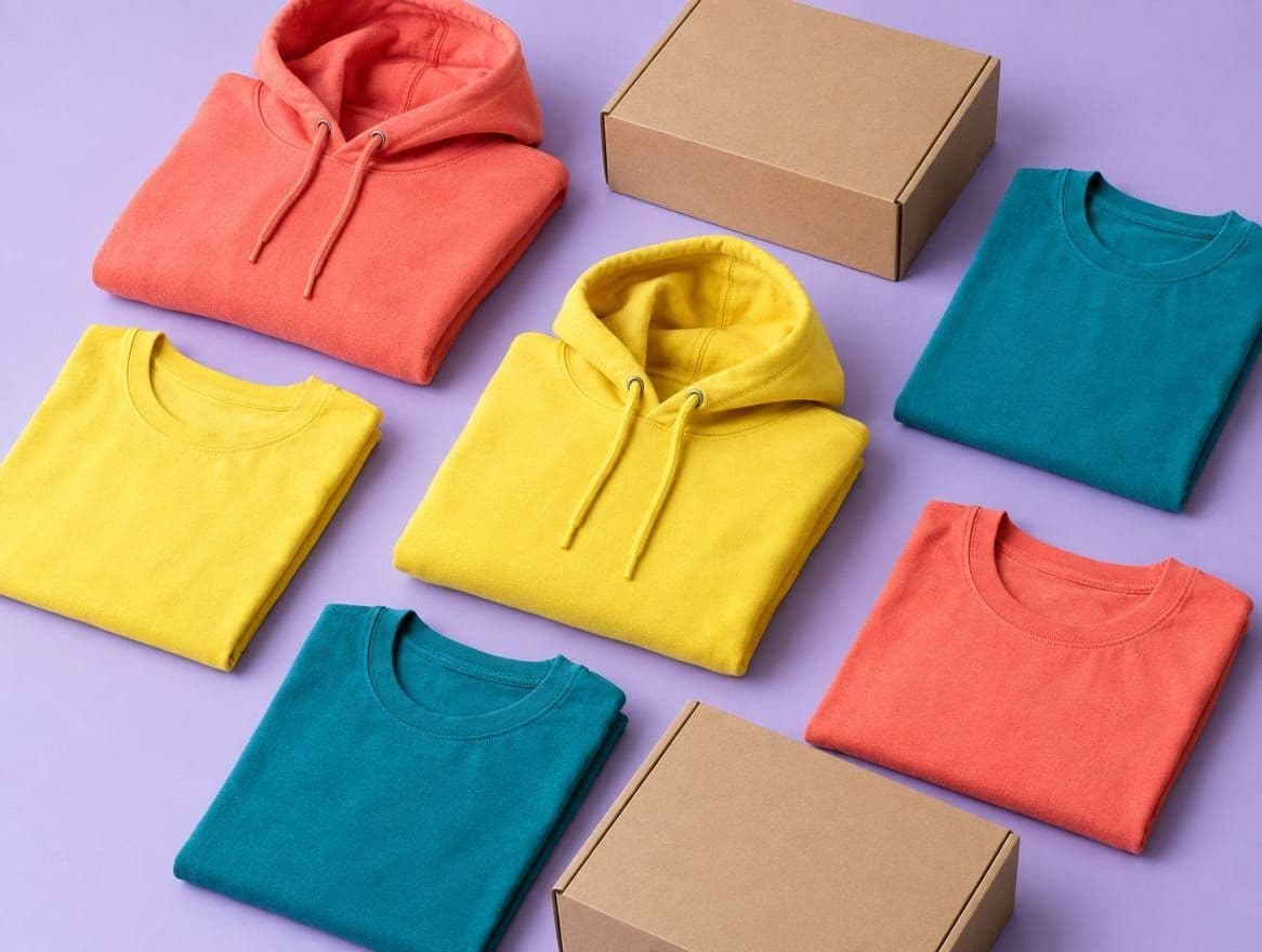 Folded coral, teal and yellow hoodies and tees beside cardboard mailer boxes on a lavender backdrop