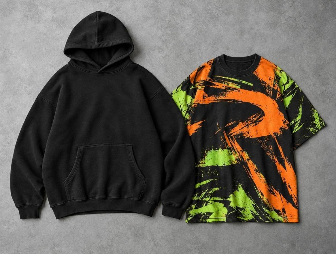 A black oversized hoodie and a graphic tee with an orange and green print on a grey backdrop