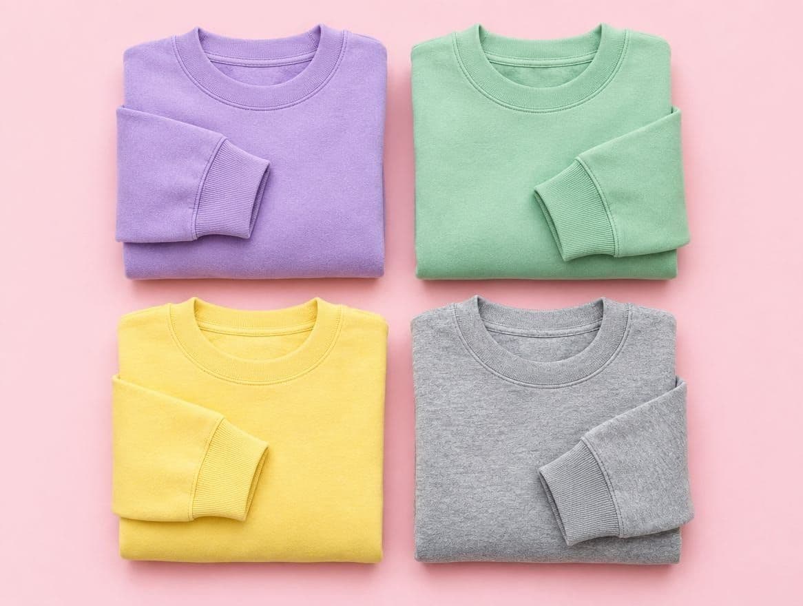 Four folded sweatshirts in lilac, mint, butter yellow and heather grey on a pink backdrop