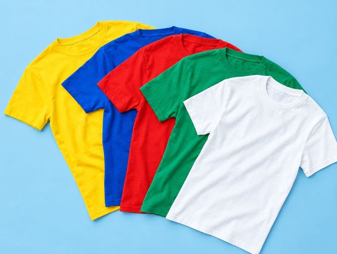 Five tee shirts fanned out in yellow, cobalt, red, green and white on a sky blue backdrop