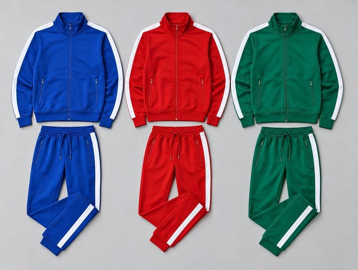 Matching tracksuits in royal blue, red and emerald with white side stripes