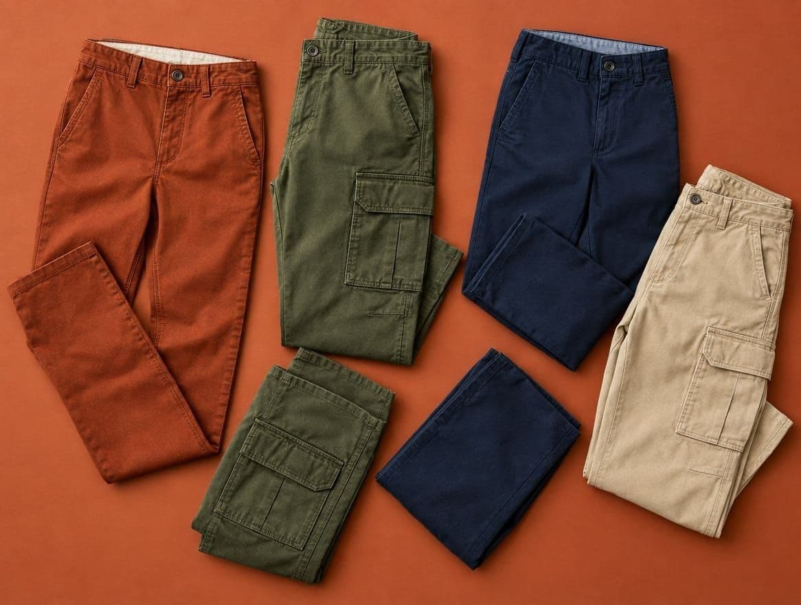Chinos and cargo trousers in rust, olive, navy and sand on a terracotta backdrop