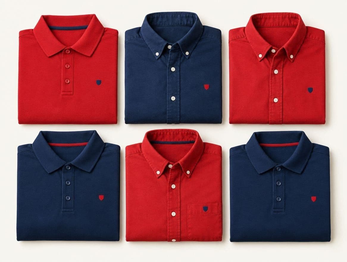 Six folded red and navy polo shirts and oxford shirts on an off white backdrop