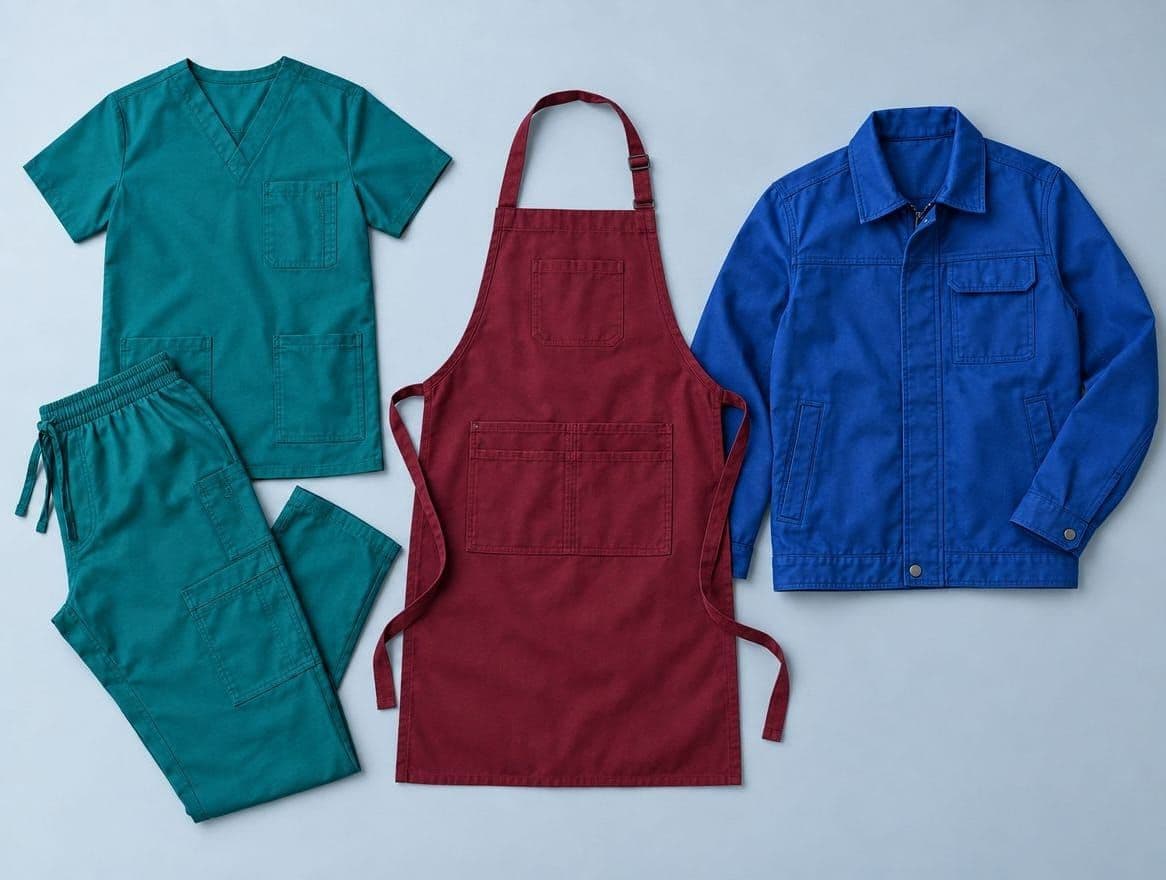 Teal scrubs, a burgundy apron and a royal blue work jacket laid flat