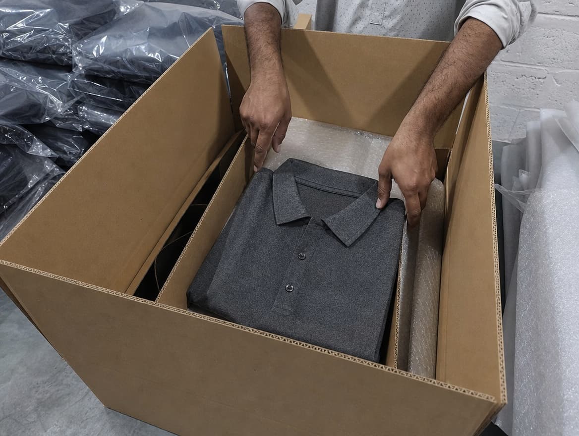 A garment being packed into a carton using cardboard and synthetic packing materials, no wood in view