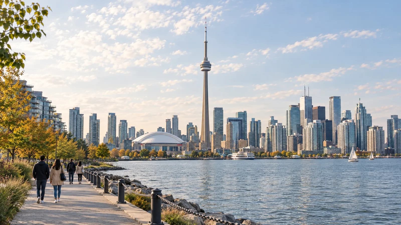 Illustrative view of the Toronto skyline and the CN Tower from the Lake Ontario waterfront