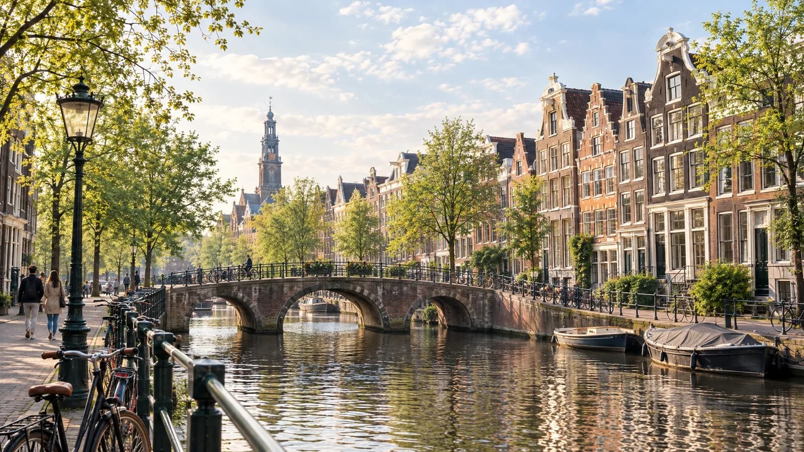 Illustrative view of a canal, a small bridge and gabled canal houses in Amsterdam