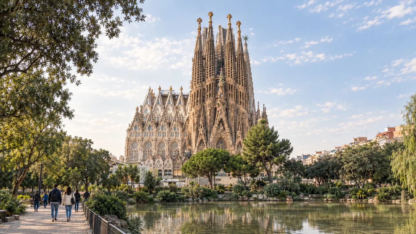Illustrative view of the Sagrada Familia from Plaza de Gaudi in Barcelona