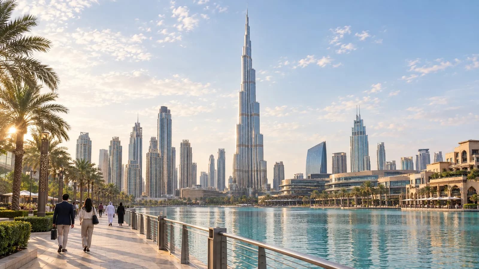 Illustrative view of the Burj Khalifa and downtown Dubai from a promenade by Burj Lake