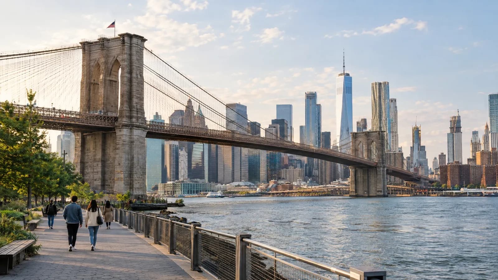 Illustrative view of the Brooklyn Bridge and the Manhattan skyline from the Brooklyn waterfront in New York