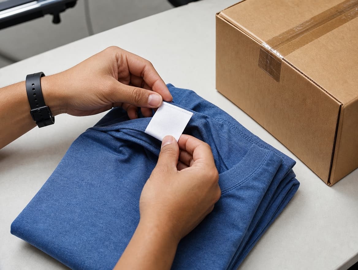 A folded garment with a close view of its care label being checked before packing