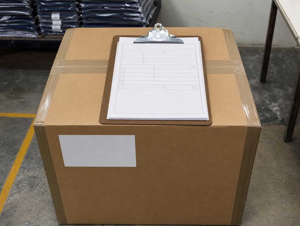 Export documentation on a clipboard resting on a sealed carton