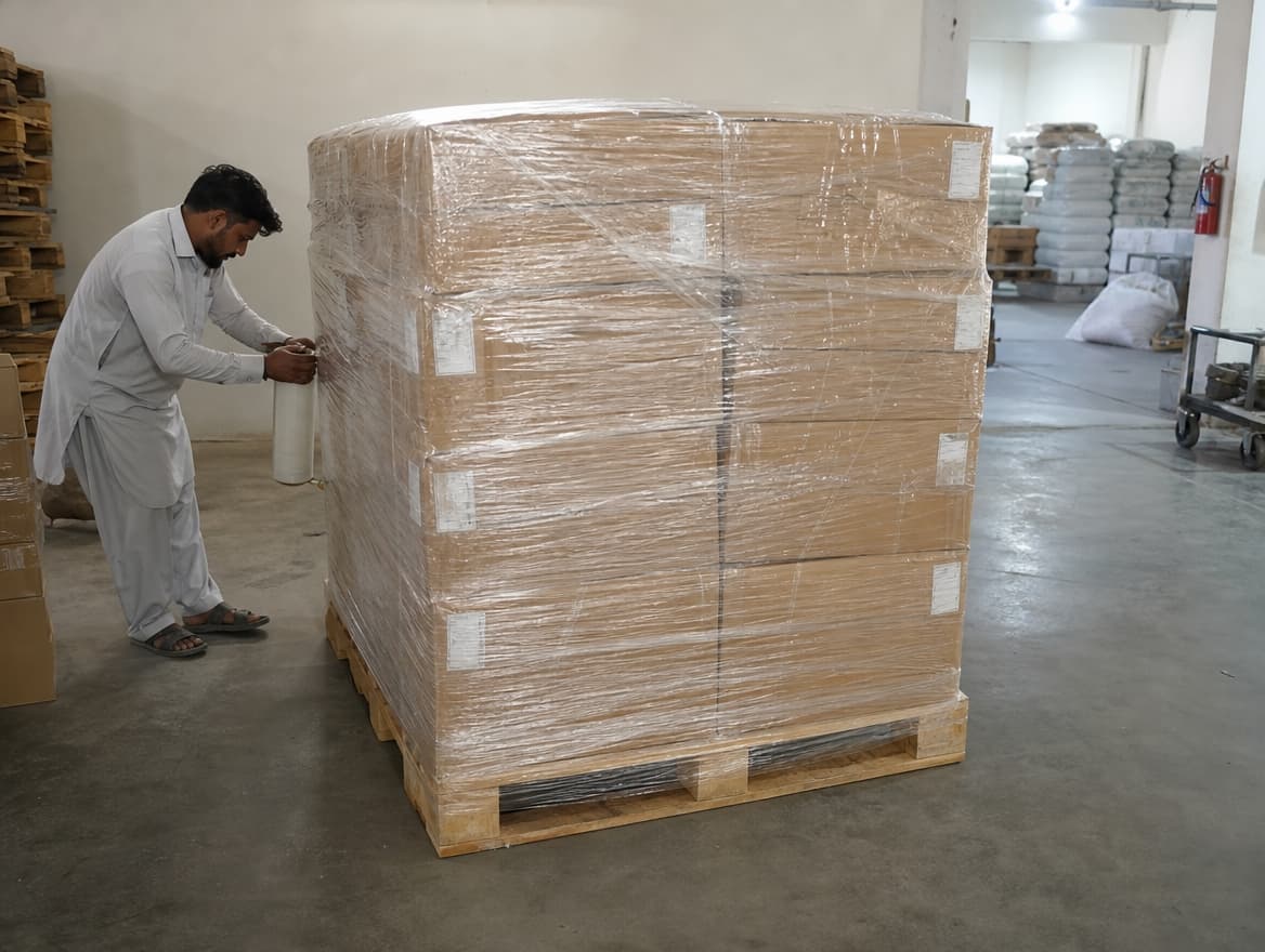 Export cartons being wrapped on a pallet ahead of ocean freight collection