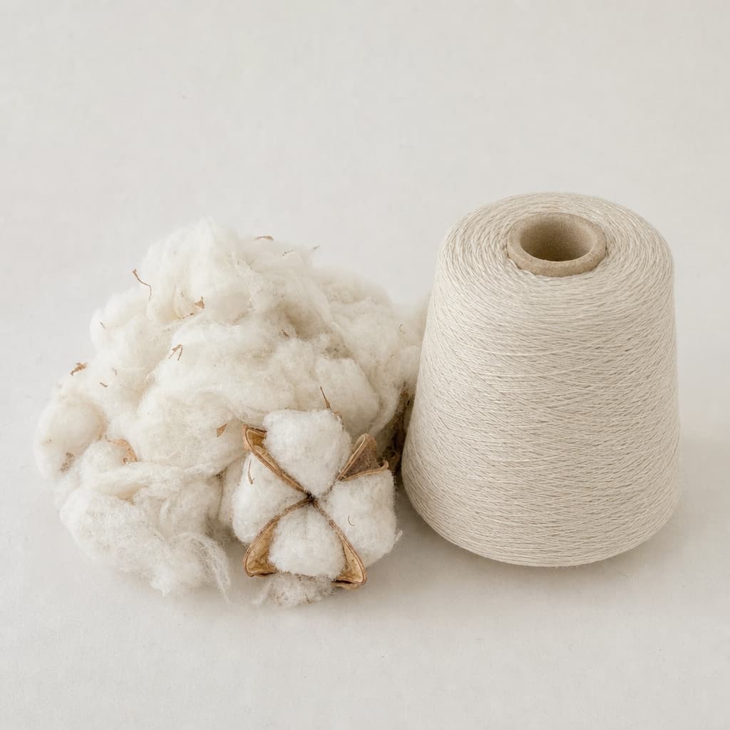 Raw cotton fibre and a cotton yarn cone shown close, natural fibre texture visible