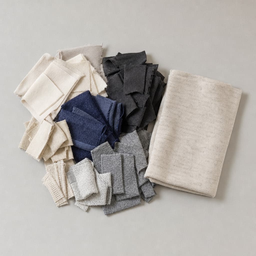 Sorted fabric scraps and a recycled fibre swatch grouped together for reuse