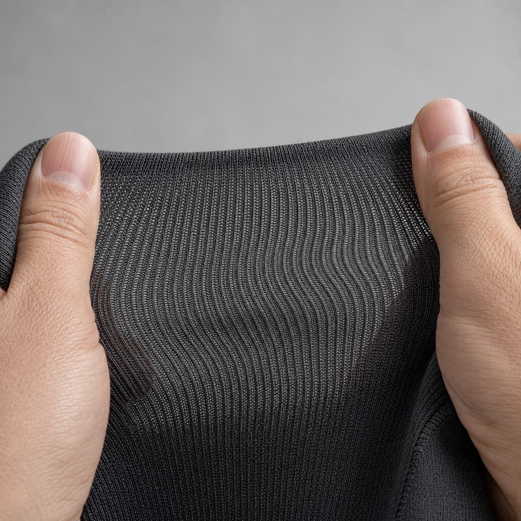 A performance knit fabric being stretched by hand to show its recovery
