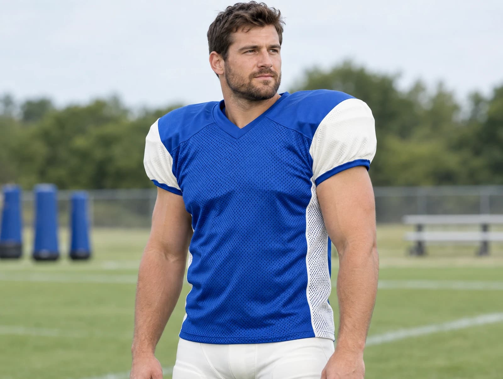 One adult standing on a practice field in a royal blue mesh American football jersey fitted over shoulder pads, with white practice pants