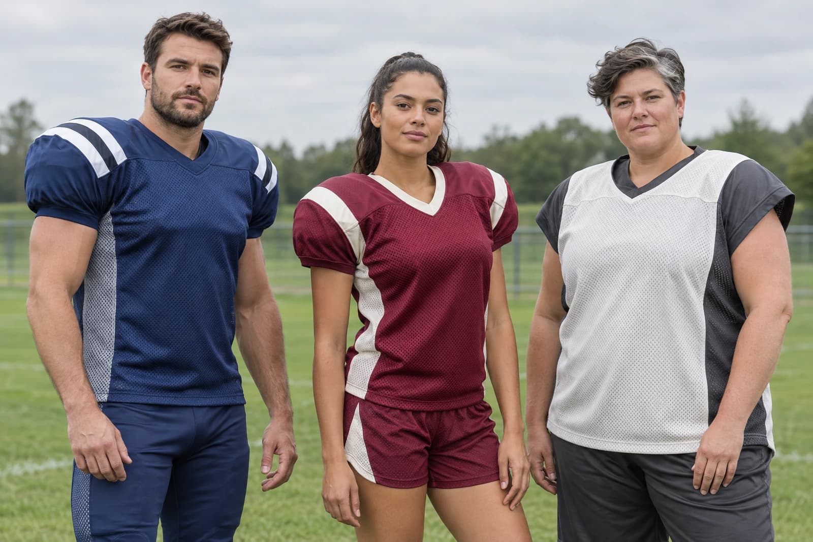 Three adults on an American football practice field wearing unbranded mesh practice jerseys over shoulder pads in navy, maroon, and white