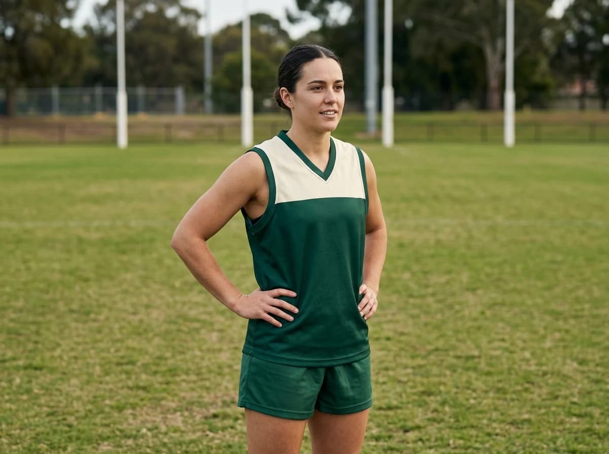 One adult standing on a grass oval in a forest green sleeveless guernsey with a cream yoke and V-neck trim and matching green shorts