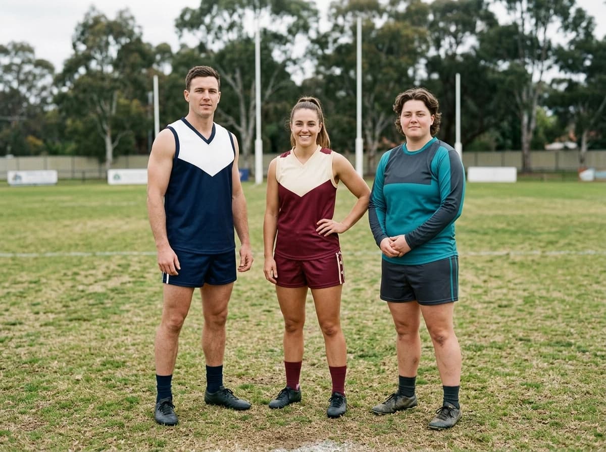Three adults on a grass oval wearing unbranded Australian football guernseys: a navy and white V-neck sleeveless guernsey with shorts, a maroon and cream sleeveless guernsey with shorts, and a teal and charcoal long-sleeve guernsey with dark shorts