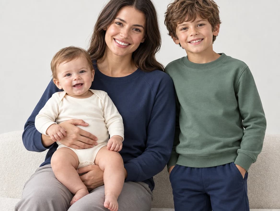 A woman in a navy sweatshirt holding a baby in a cream bodysuit beside a boy in a green sweatshirt