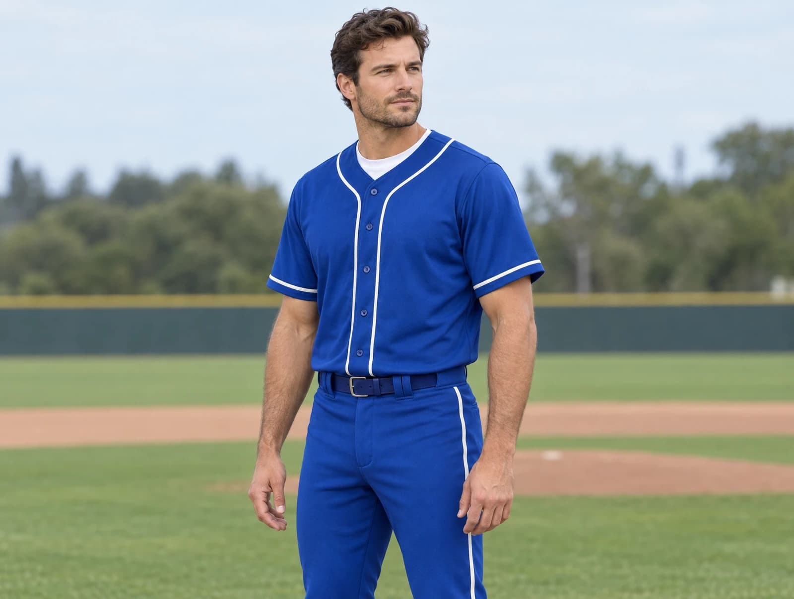 One adult standing on a baseball field in a royal blue button-front baseball jersey with white piping, matching pants and belt