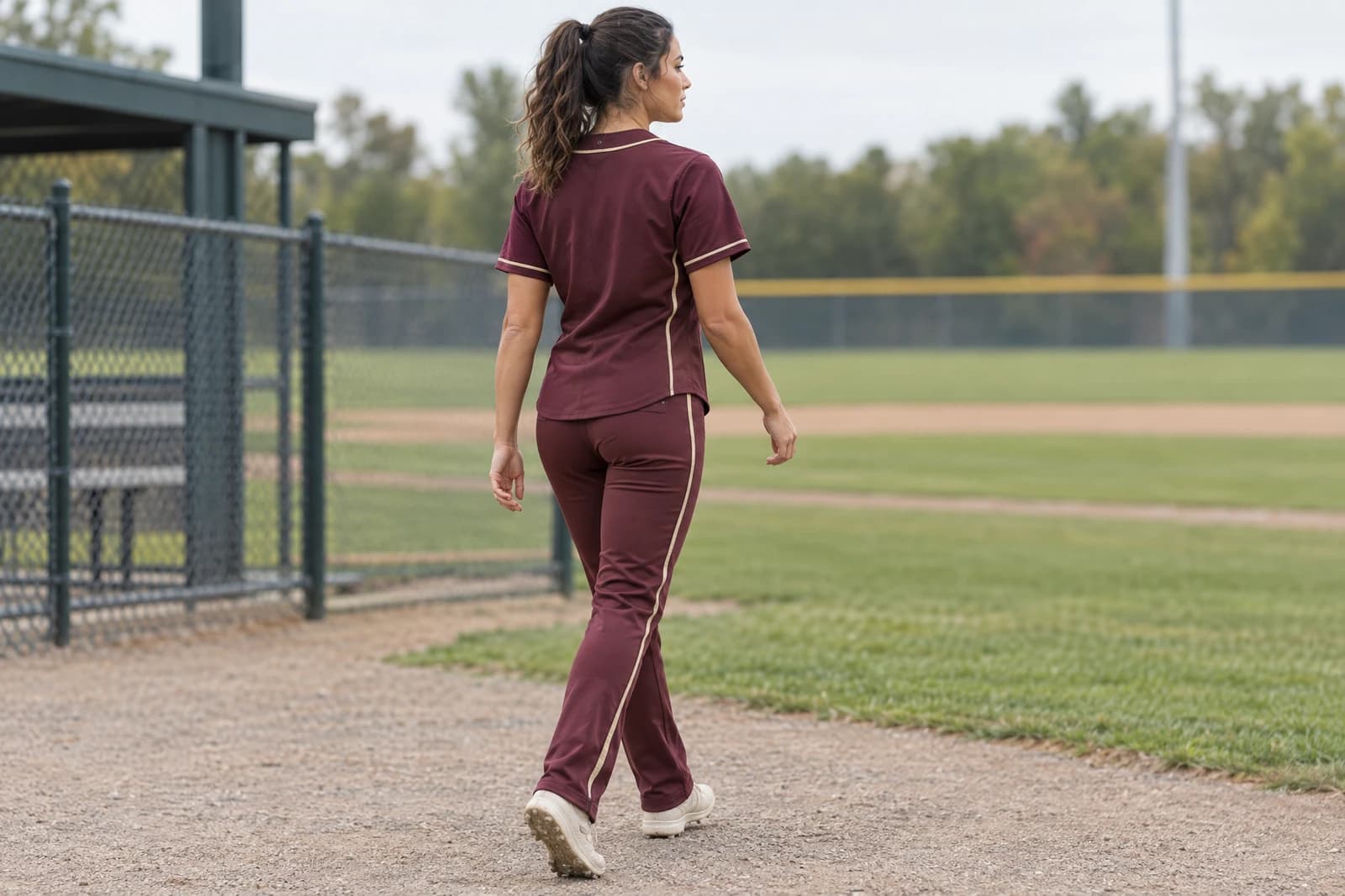 One adult walking away from camera at the edge of a baseball field in a burgundy baseball uniform with cream piping