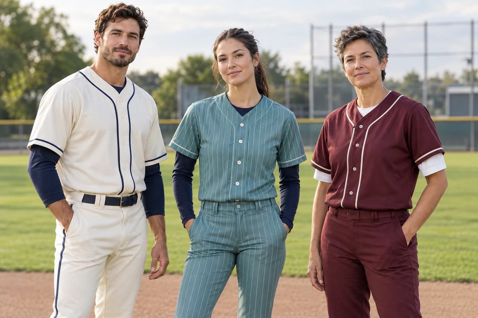 Three adults on a baseball diamond wearing unbranded button-front baseball uniforms in cream with navy piping, sage pinstripe, and burgundy with cream piping