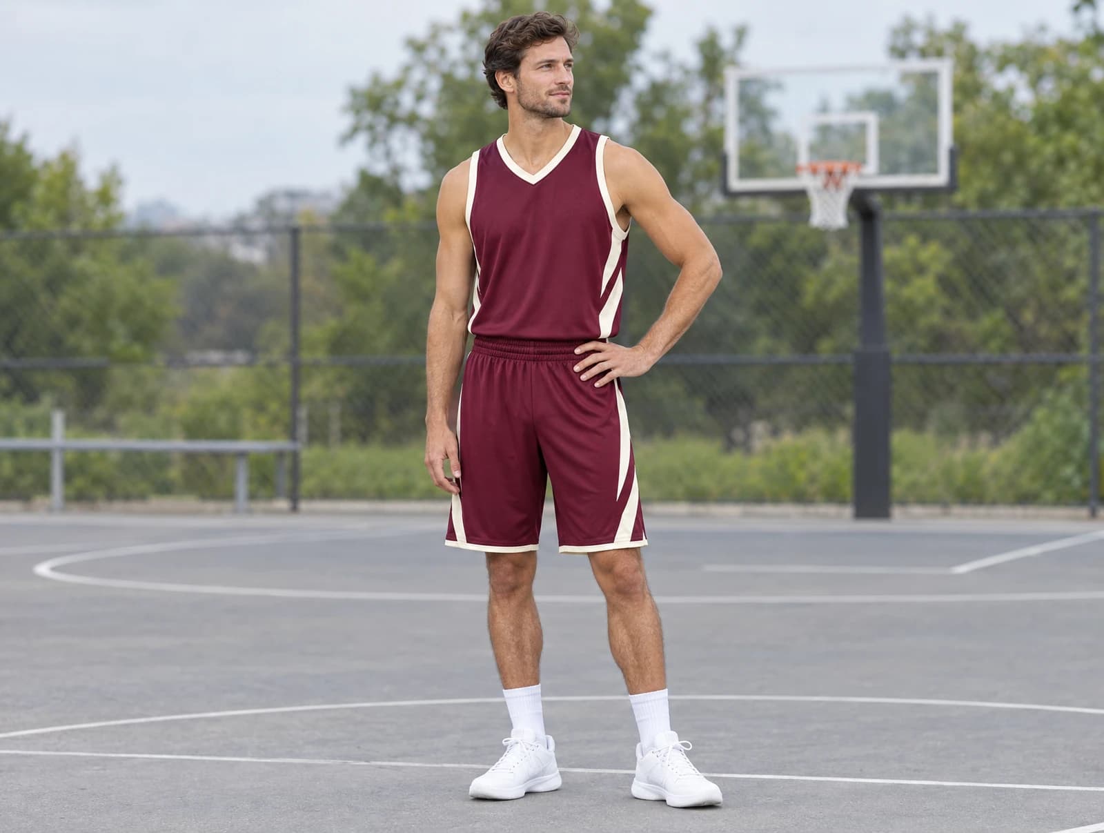 One adult standing on an outdoor basketball court in a burgundy sleeveless basketball jersey with cream trim and matching shorts