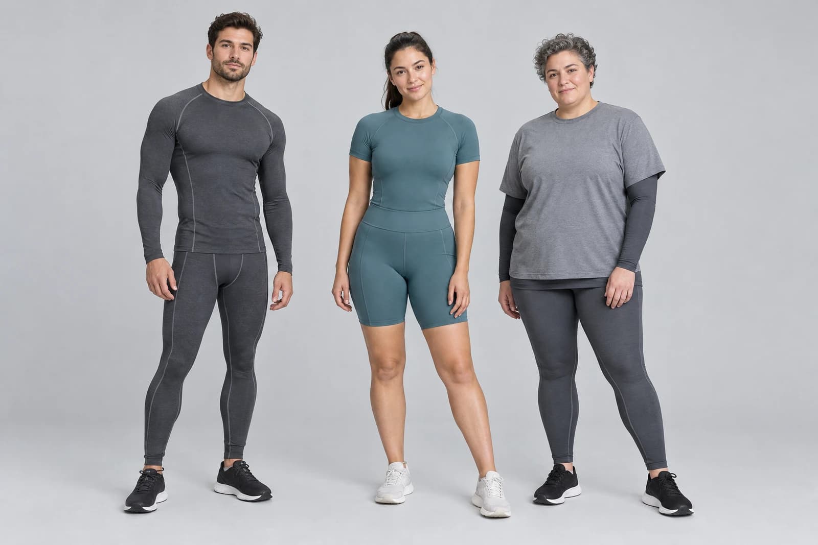 Three adults in a studio wearing unbranded charcoal long-sleeve compression top with tights, a slate-teal short-sleeve compression top with biker shorts, and a loose tee layered over compression tights
