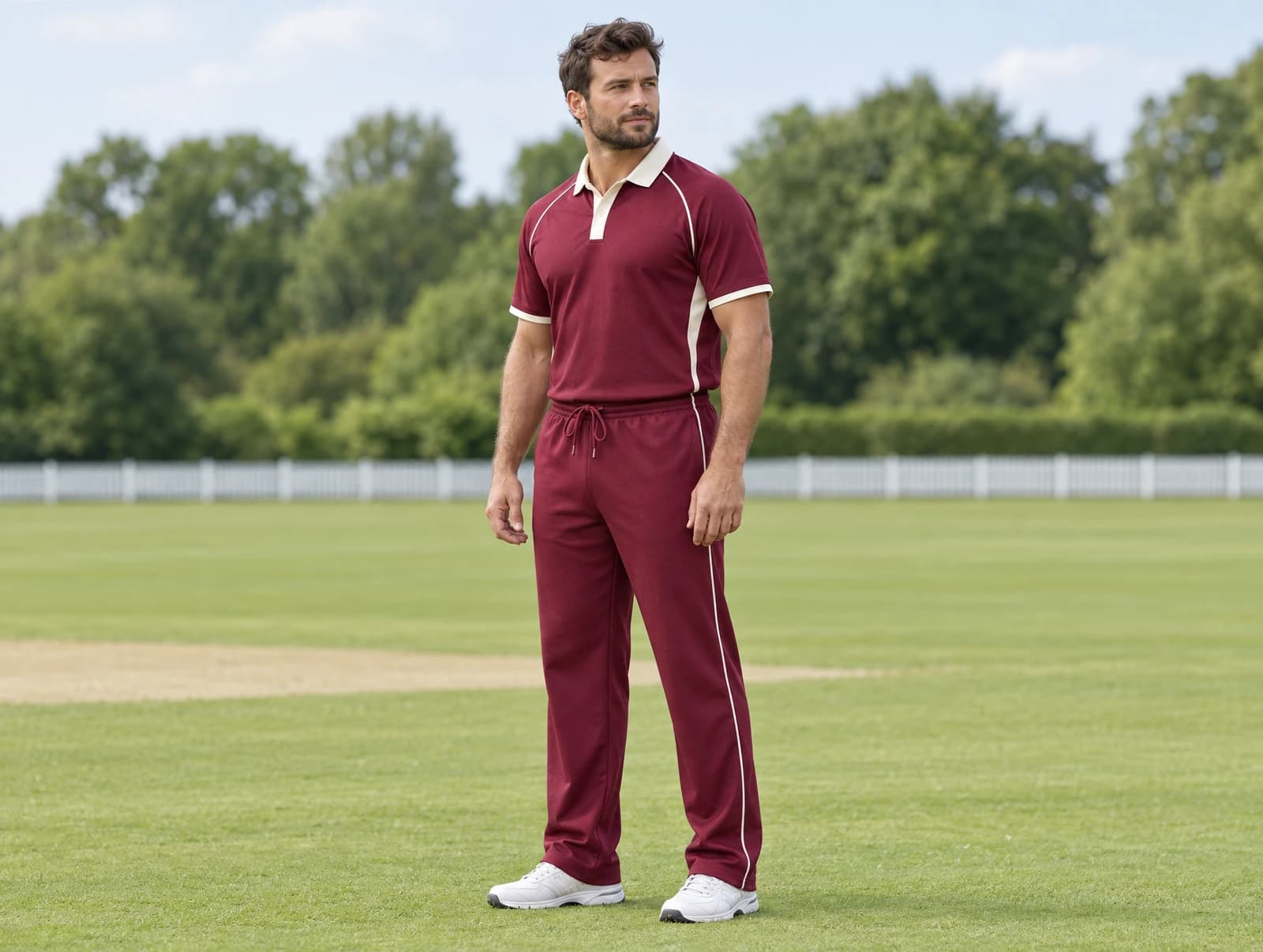 One adult standing at the edge of a cricket ground in a burgundy cricket shirt with a cream collar and matching trousers