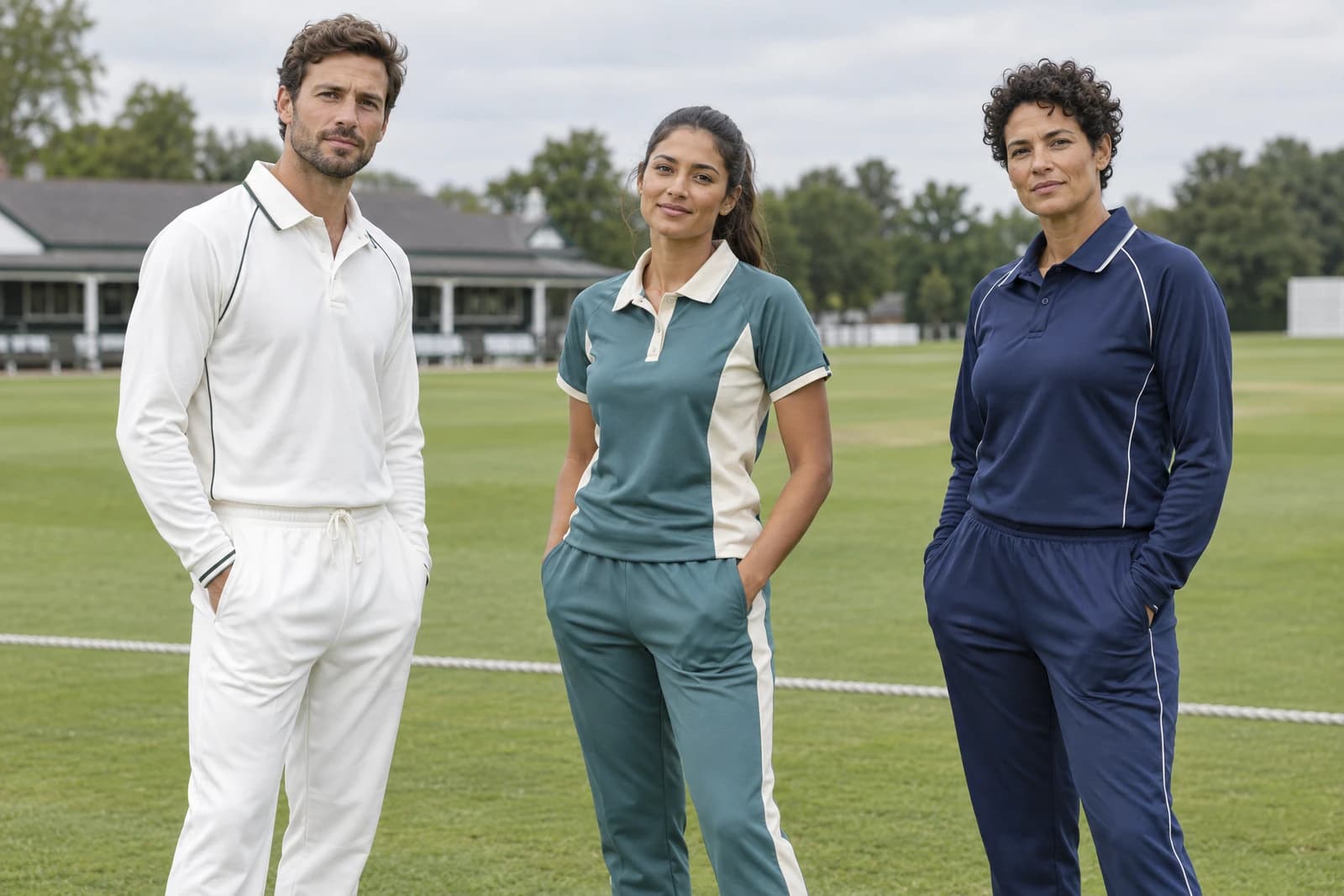 Three adults on a cricket ground wearing an unbranded cream long-sleeve cricket shirt with matching trousers, a teal short-sleeve cricket shirt with side-striped trousers, and a navy long-sleeve cricket shirt