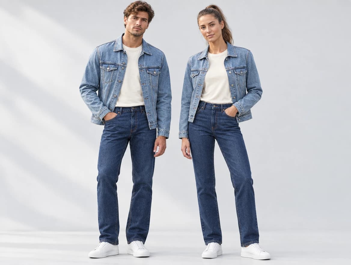 Two adults in light-wash denim jackets over cream T-shirts with dark-wash straight jeans