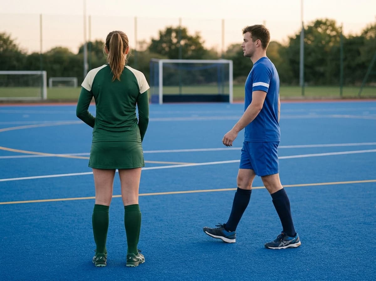 Two adults on a blue hockey pitch, one seen from behind in a forest green long-sleeve shirt with cream shoulder panels and a skirt, the other walking in profile in a cobalt shirt with white sleeve bands and shorts