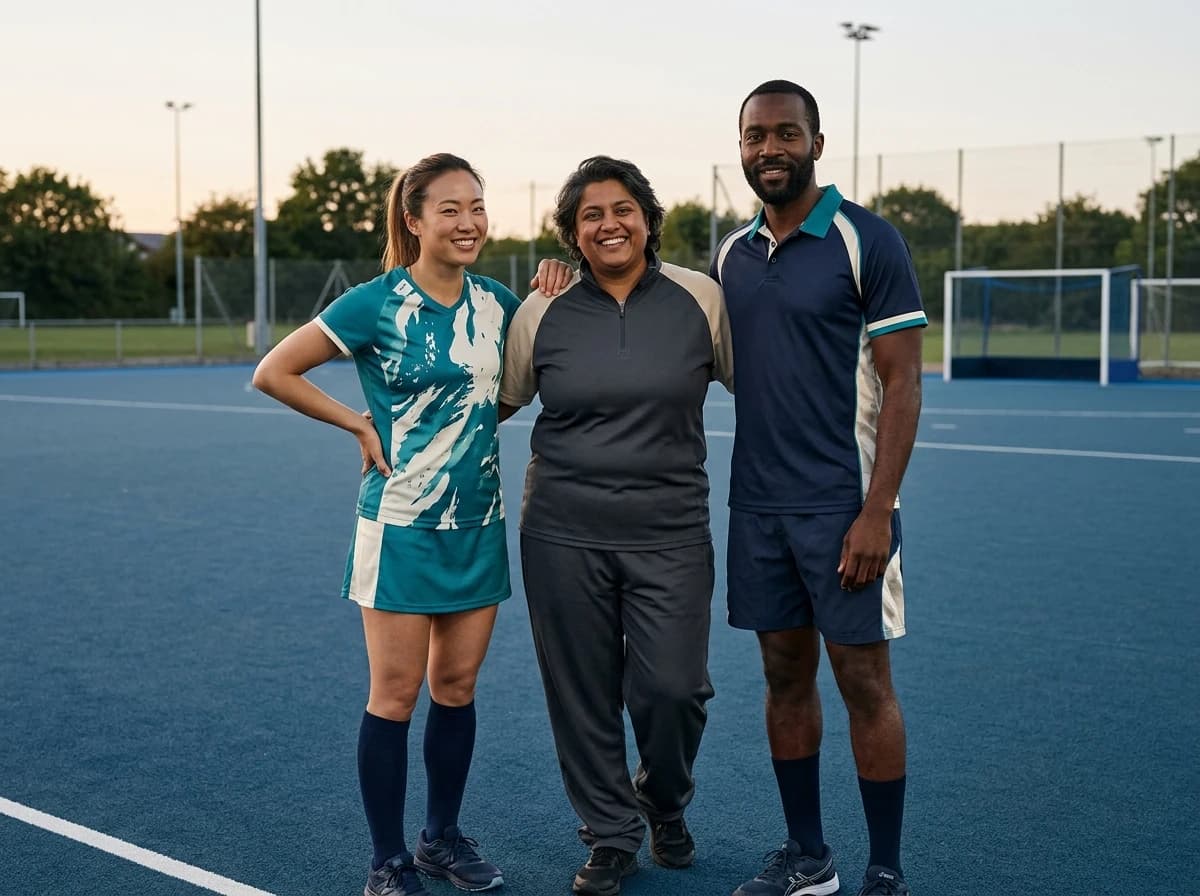 Three adults on a blue synthetic field hockey pitch at dusk wearing unbranded kit: a teal and ivory short-sleeve shirt with a matching skort, a charcoal quarter-zip top with sand raglan sleeves and track trousers, and a navy collared shirt with contrast trim and shorts