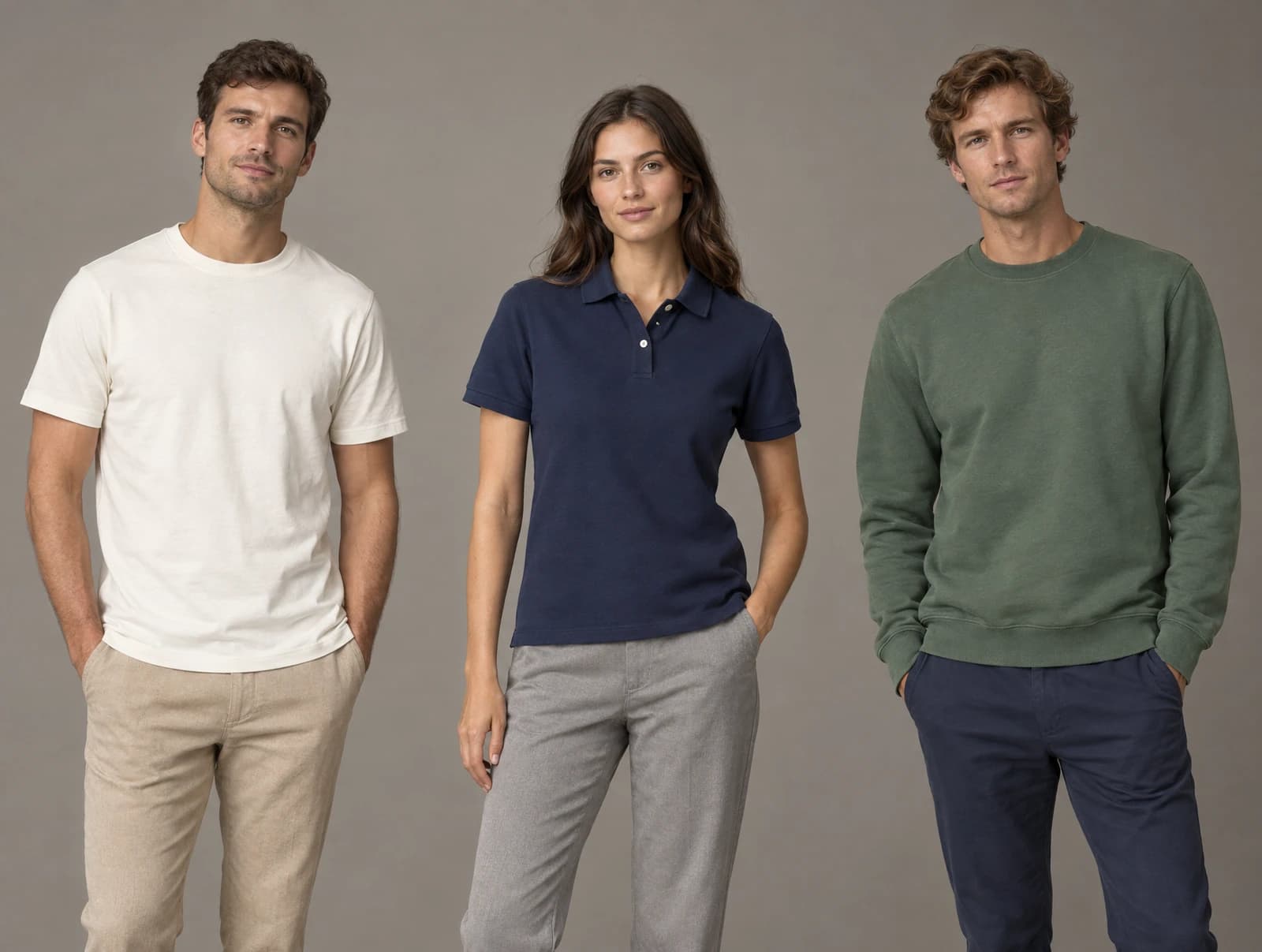 Three adults in a studio in an off-white T-shirt with beige trousers, a navy polo shirt with grey trousers, and a green crew-neck sweatshirt with navy trousers