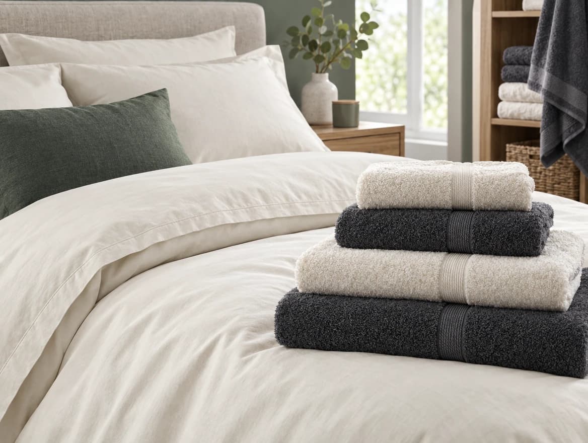 A bed made with cream linen and a green cushion, with cream and charcoal towels stacked in the foreground