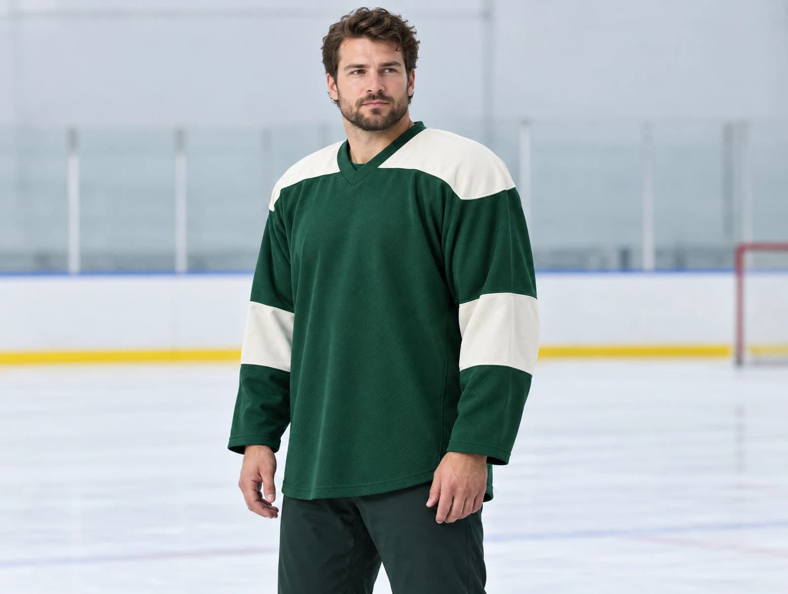 One adult standing beside an ice rink in a forest green ice hockey jersey with cream shoulder panels and sleeve bands