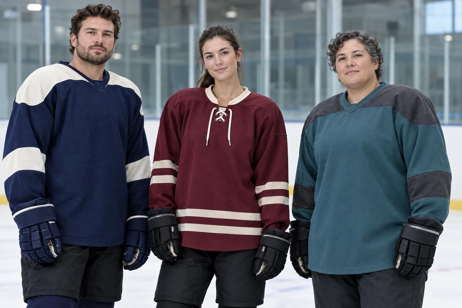 Three adults beside an ice rink wearing unbranded roomy long-sleeve ice hockey jerseys in navy, burgundy with a lace-up collar, and teal with a charcoal yoke