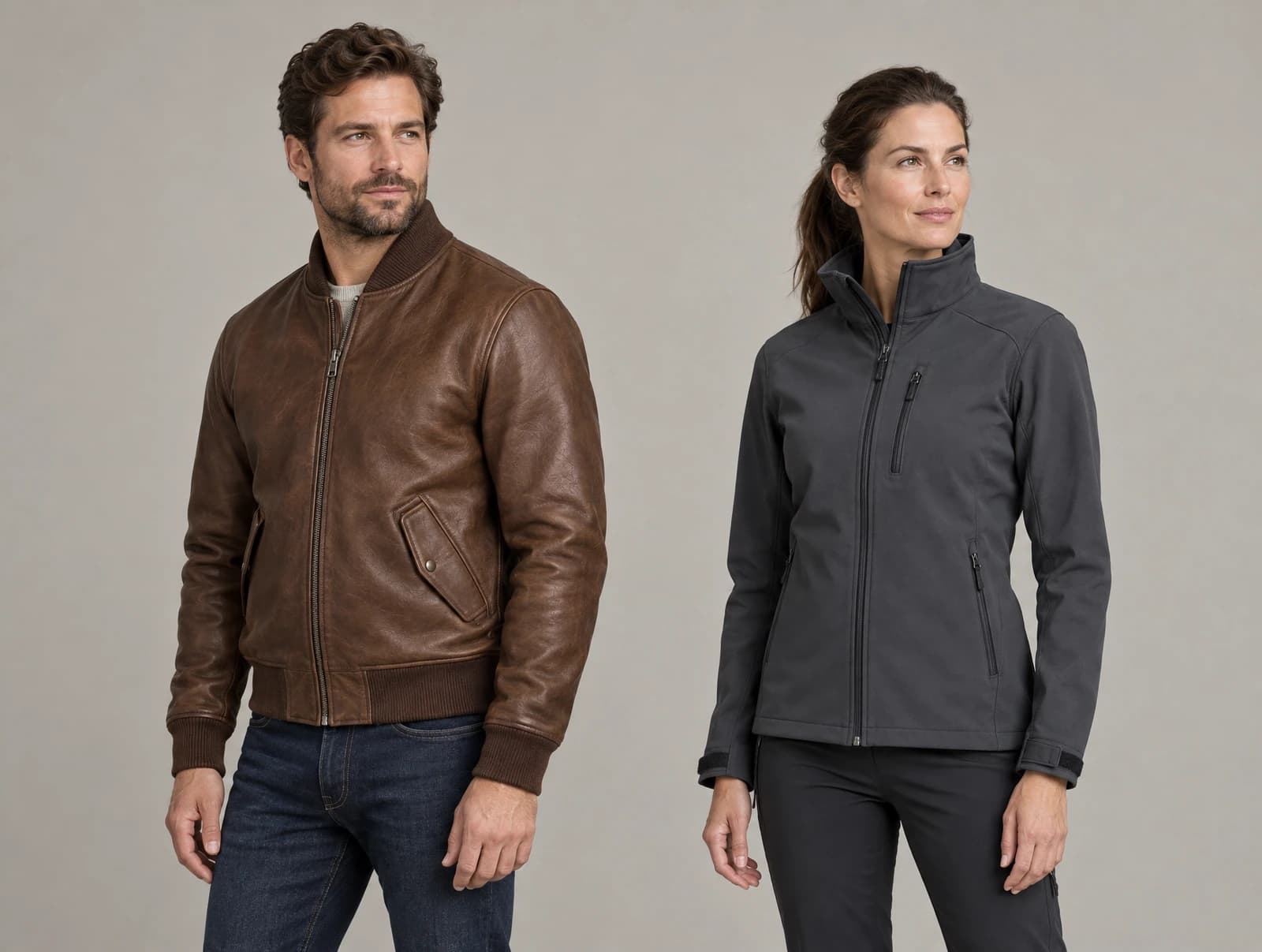 Two adults in a studio wearing an unbranded brown leather bomber jacket and a charcoal technical softshell jacket with a zipped chest pocket