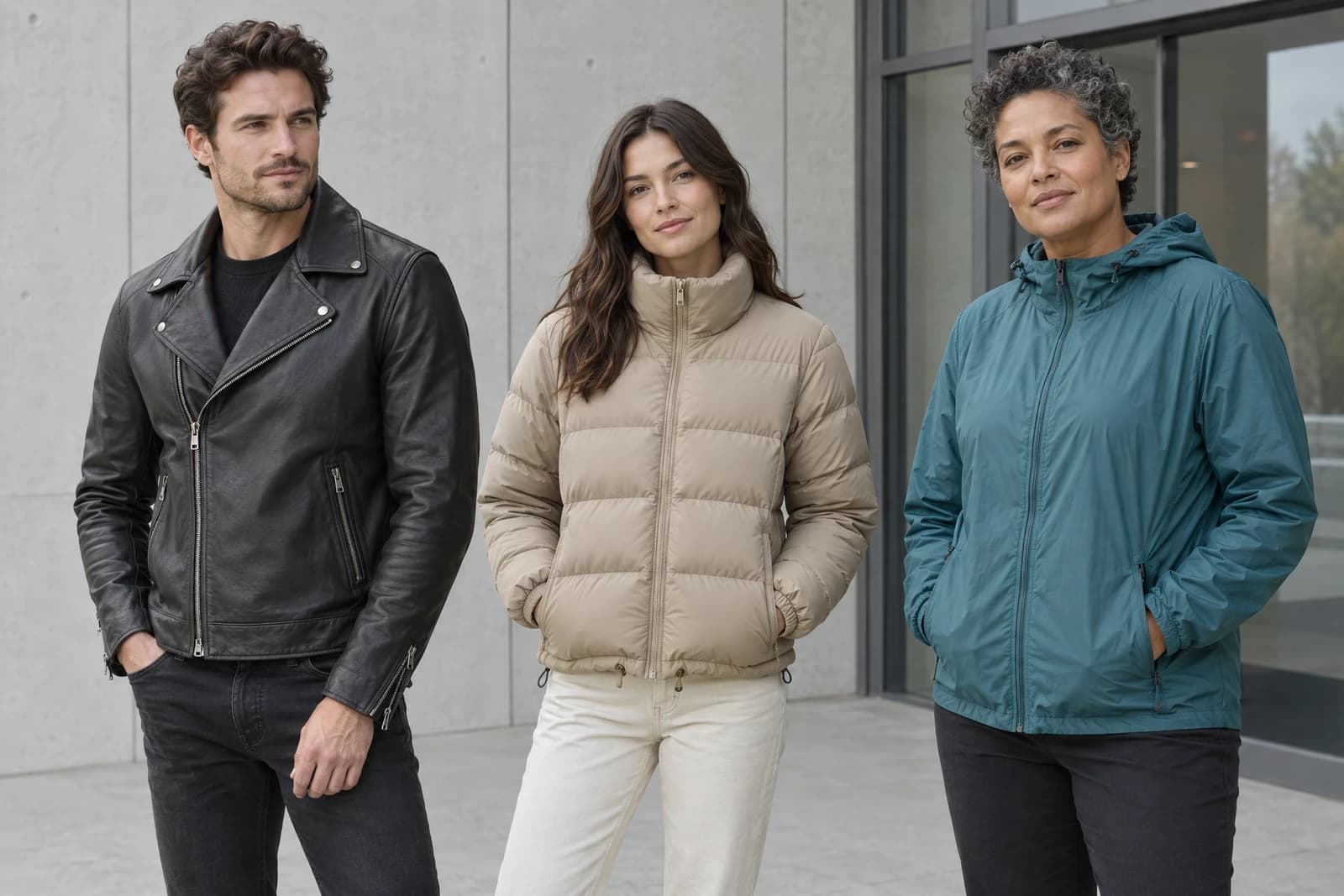 Three adults outside a concrete building wearing an unbranded black leather biker jacket, a sand quilted puffer jacket, and a teal lightweight hooded windbreaker