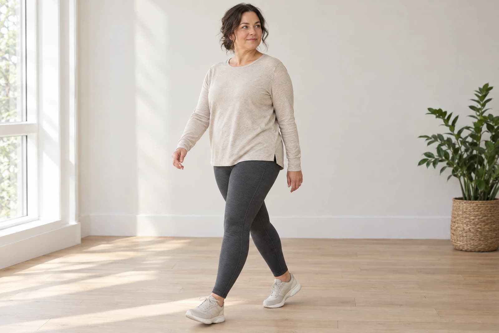 One adult walking through a light-filled interior wearing charcoal leggings with a relaxed oatmeal long-sleeve top