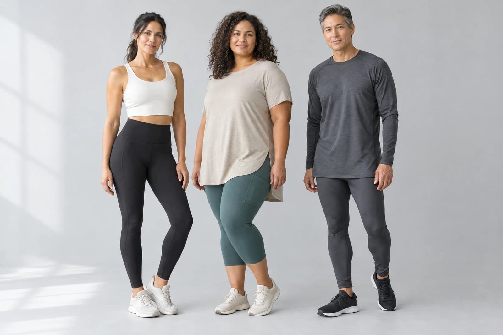 Three adults in a bright studio wearing unbranded black high-waisted full-length leggings, teal cropped pocket leggings with a loose top, and charcoal performance tights with a long top